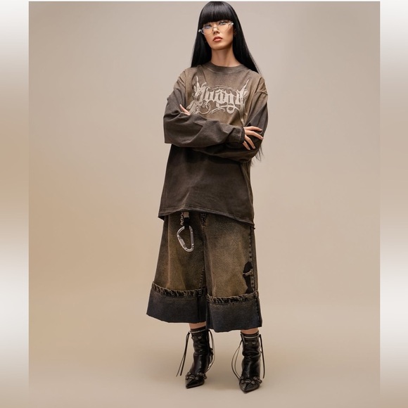 Unisex Machete Baggy Denim Shorts distressed wide-leg cuffed denim jeans size S - Picture 3 of 10